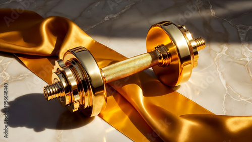 Shiny Gold Plated Dumbbell Resting on Elegant Yellow Satin Silk Ribbon with Dramatic Shadows on Marble Background for Exclusive Lifestyle and Wealthy Fitness Theme