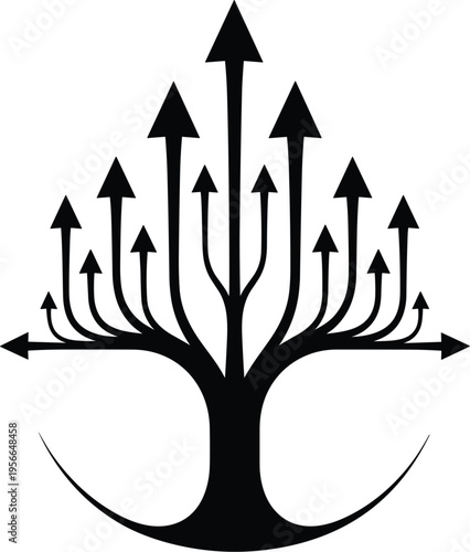 Abstract arrow tree vector illustration with multiple upward and sideways direction signs, growth and expansion concept isolated on white background.