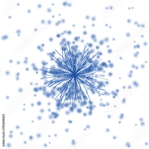 Blue abstract spherical shape with radiating lines and dots on white background  scientific illustration
