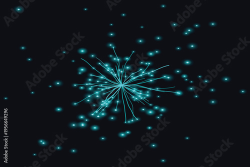 Glowing cyan explosion of sparks and dots on dark background  festive and celebratory visual effect