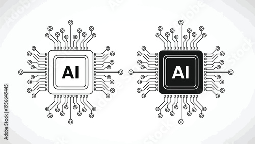 Two abstract digital processors with interconnected pathways and circuit designs Vector