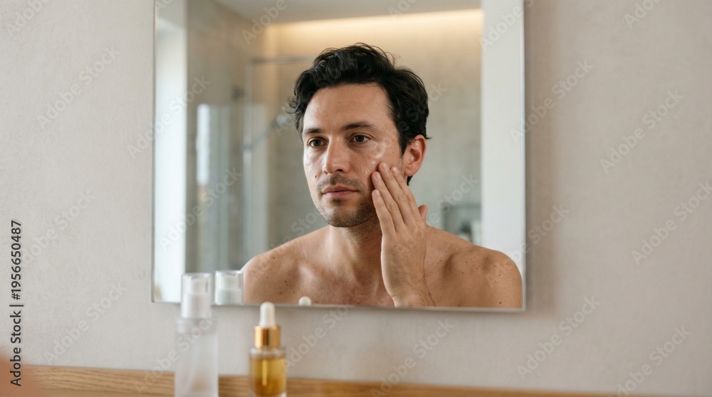Obraz premium A shirtless young man applies skincare cream to his face while looking in a bathroom mirror, male grooming, self care, morning beauty routine.