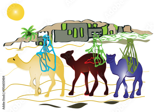 Traditional Bedouin Caravan with Camels in the Desert