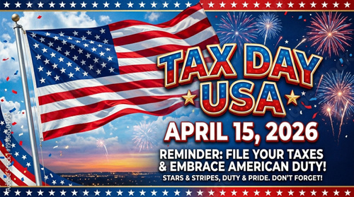 Tax Day USA April 15 2026 - Patriotic Flag Fireworks Tax Deadline Banner
