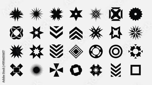 A collection of diverse geometric and symbolic patterns featuring stars, arrows, and circular motifs. Vector