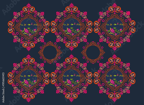 Decorative veins gathered in a decorative frame with a handful of flowers at its center