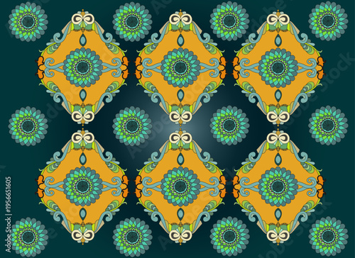 Textile print motifs in orange and petrol blue with inward curved veining