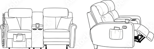 Black and white line art vector illustration showing front and side view profiles of a modern home theater recliner sofa with cup holders