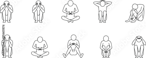 Black and white line art vector illustration set of a person in various sitting poses expressing sadness loneliness depression and mental health struggles