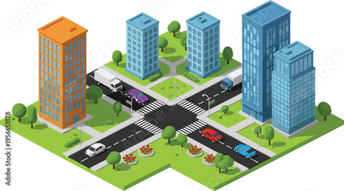 Flat isometric vector illustration of a modern city crossroad with high rise buildings cars trucks trees and green spaces for urban planning concepts