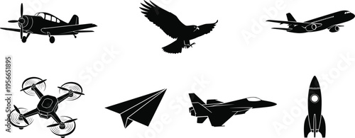 Flat vector black silhouette illustration set of various flying objects including airplanes military jets drones rockets paper planes and an eagle for aviation