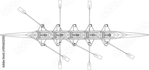 Top view black and white line art vector illustration of a professional rowing shell boat with oars for water sports competition and teamwork concepts