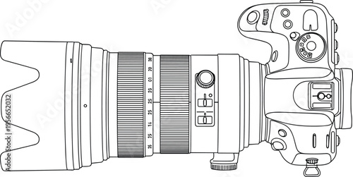 Top view black and white line art vector illustration of a professional digital SLR camera with a large telephoto zoom lens and hood