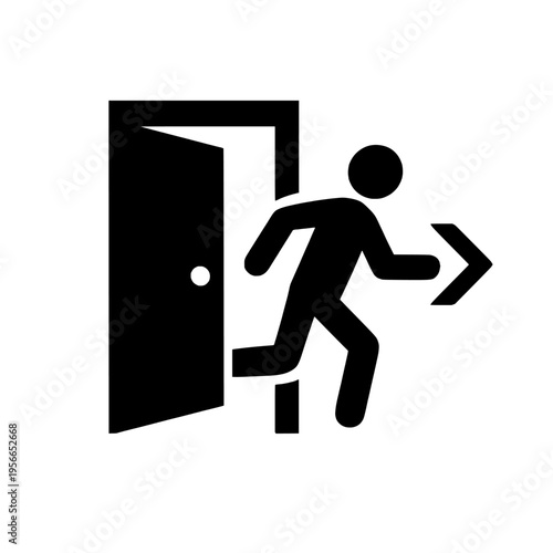 Black silhouette of a person running out of a door to the right