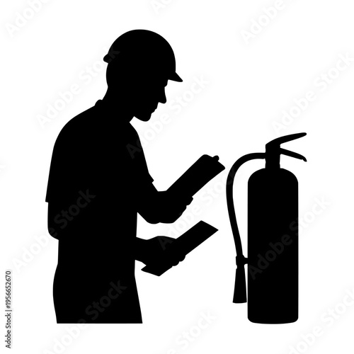 Silhouette of a worker with a fire extinguisher and checklist