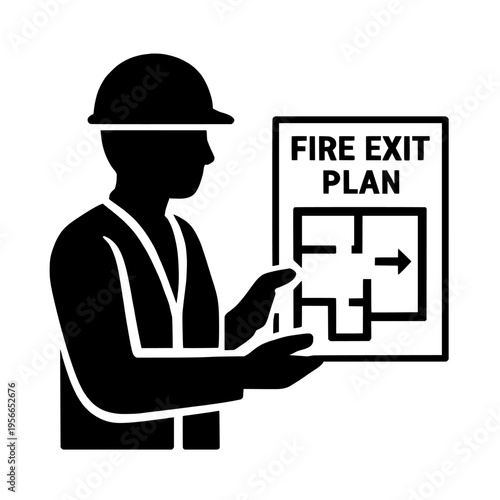 Silhouette of a worker holding a fire exit plan