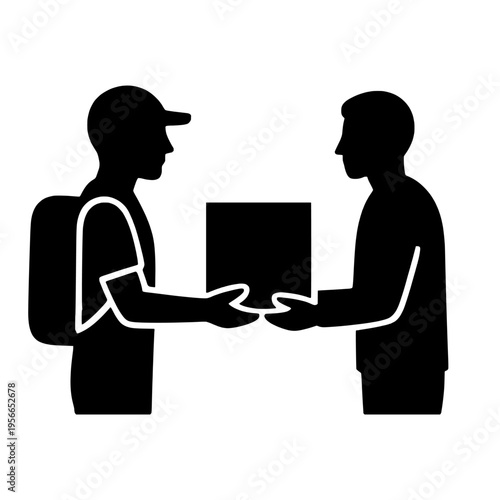Black silhouette of a delivery man handing a package to a man