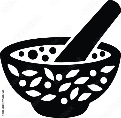 a mortar and pestle with textured bowl the entire image silhouette vector illustration on transparent background