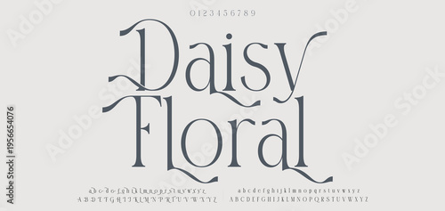 Daisy Floral  elegant font, vintage type or luxury premium typeface, vector English royal alphabet. Classic typography in modern or old art deco style, serif letters for modern or retro poster font
