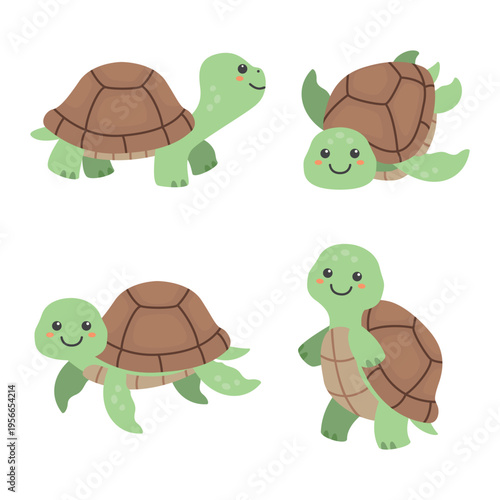Cartoon turtles set. Marine and freshwater animals isolated on white background. Cute kawaii characters in green, brown colors. Vector clip art collection for use in cards, stickers. Print on clothes.
