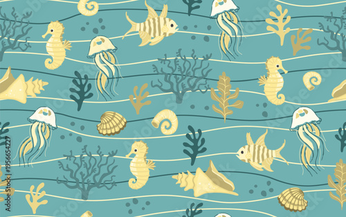 Marine animals seamless pattern. Cartoon algae, coral reefs, jellyfish, fish, seahorses, shells on blue background with wavy lines. Horizontal print on fabric and paper. Vector design for textile.