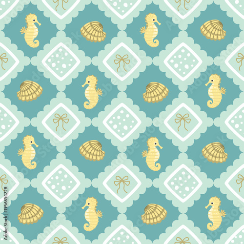 Marine seamless pattern with cartoon seahorse and shells. Mosaic geometric background with rombus shapes, bows, dots. Blue, white and beige colors. Vector print on fabric and paper. Endless wallpaper.