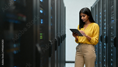 Professional Indian woman working in server room with digital tablet. IT engineer managing data center infrastructure. Technology and network administration concept. Copy space