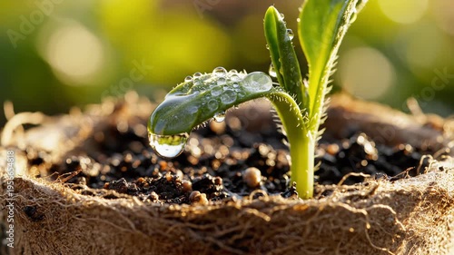 Macro Close Up of Green Sprout Growing in Biodegradable Pot with Morning Dew on Leaf
