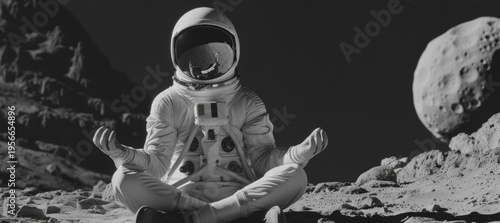 Picture of astronaut - man or woman in suit with helmet, meditating at lunar surface