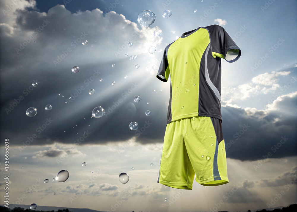 Fototapeta premium Levitating Sports Jersey and Shorts with Floating Water Droplets on Dramatic Sky for Fresh Fabric Softener Commercial