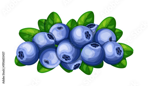 A pile of delicious blueberries in a cartoon style. Vector illustration of fresh, juicy and useful blueberries with green leaves isolated on a white background.