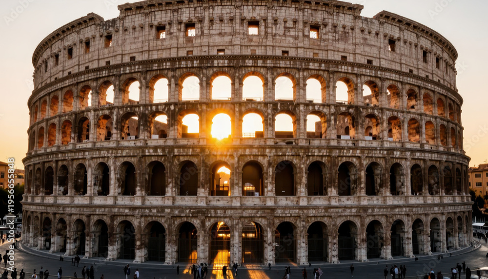 Obraz premium The Colosseum stands majestically as the sun sets behind it, illuminating the ancient stone. Visitors gather around the Colosseum, admiring its historical significance and architecture.