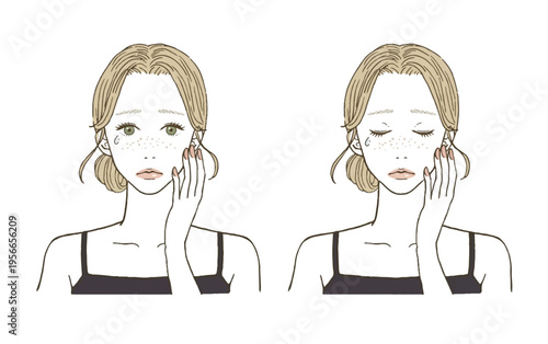 そばかすや肌トラブルに悩んで泣く女性のイラストセット (Sad young woman crying and worrying about freckles and skin blemishes)