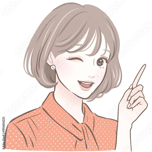 ウインクして上を指差す、笑顔の若い女性イラスト (Cheerful anime woman winking and pointing finger upwards)