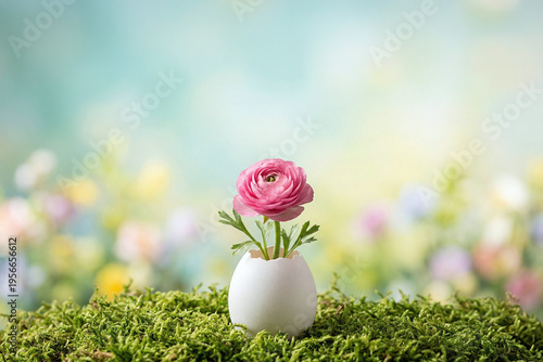 A surreal pink ranunculus flower growing from a cracked white eggshell resting on green moss with blurred pastel copy space for Easter.