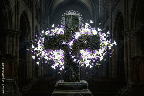 a cracked stone cross bursting with glowing spring flowers inside a dark gothic church symbolizing easter resurrection