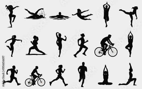 Diverse silhouettes of people engaged in various athletic and dance activities