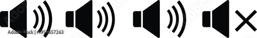 Speaker volume vector icon set with sound level and mute symbols, audio control elements isolated on white background.