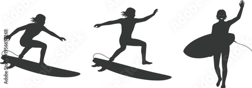 Surfer Silhouette Set — Riding Wave, Balancing on Board, and Carrying Surfboard Poses