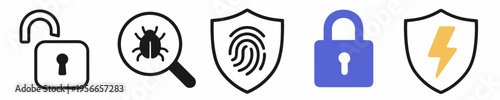 Cybersecurity icon set with unlock, malware scan, fingerprint shield, locked padlock and electric shield. Flat vector symbols for privacy, antivirus and secure access systems.