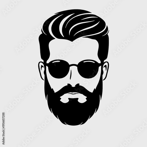 Front view of a stylish bearded man in round sunglasses rendered as a clean black silhouette. Modern barber logo, masculine fashion avatar and cool attitude concept.