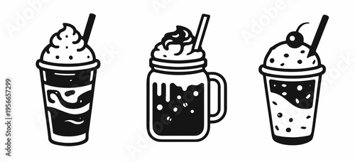 Black and white vector set of three takeaway dessert drinks with whipped cream, straw, and jar mug. Sweet beverage collection for cafe menu, sticker, or logo design.
