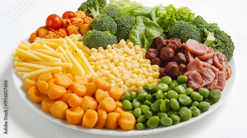 A colorful platter filled with a variety of fresh vegetables and pasta showcases bright greens, yellows, and reds. This nutritious arrangement highlights the joy of cooking healthily at home