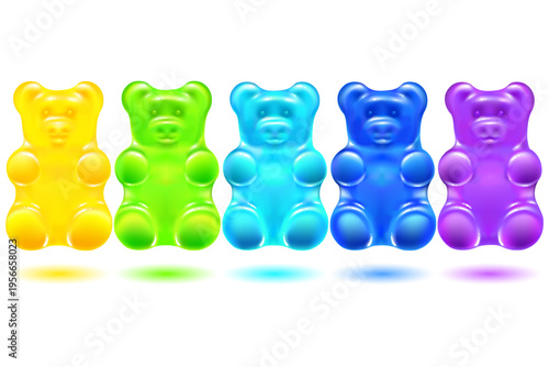 cute colored cartoon gummy bears on white background. bright jelly candies set of berry juice. isolated vector illustration.