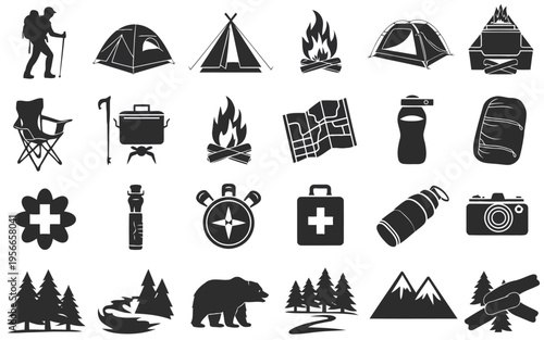 Collection of camping and outdoor adventure icons featuring tents, backpacks, and hiking gear