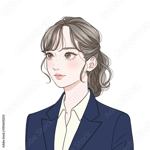 スーツを着た、まとめ髪の美しい若いビジネスウーマンのイラスト (Beautiful young anime businesswoman in a navy blue suit)
