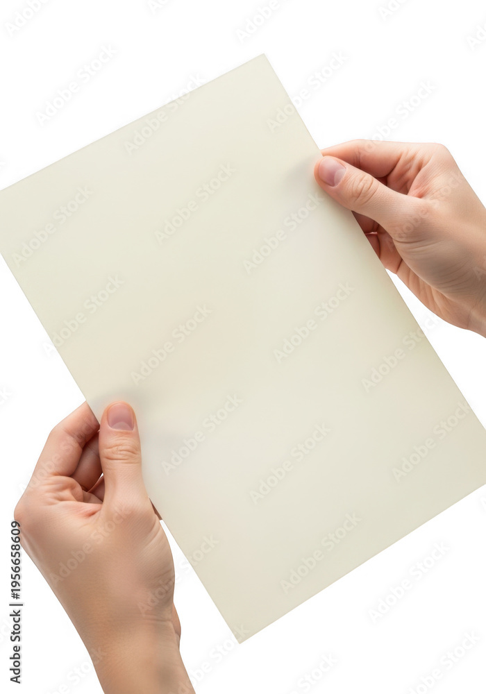 Obraz premium Two Hands Holding a Blank Beige Paper Sheet isolated on transparent background