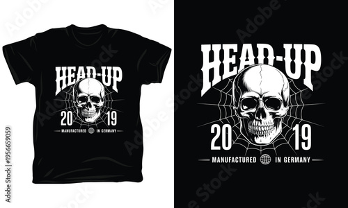 Head up skull with spider web, manufactured in germany, vector illustration 2019