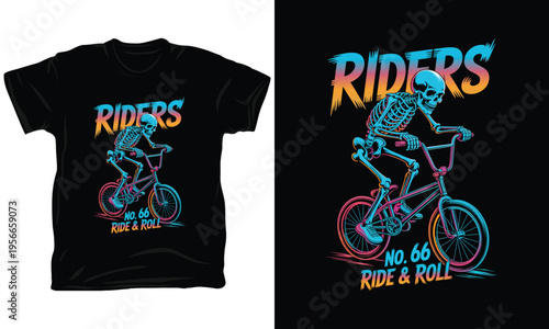 Bmx rider skeleton neon vector illustration ride and roll number 66 bicycle t-shirt print
