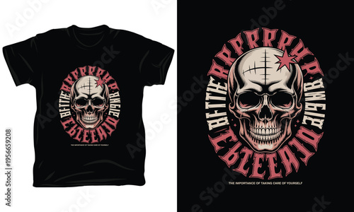 Skull vector illustration with gothic typography and star emblem for apparel design print